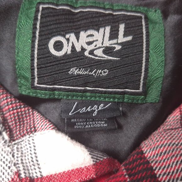 ONeill Mens Plaid Flannel Button-Up Shirt Large Long Sleeve Red Black Casual - Picture 4 of 4